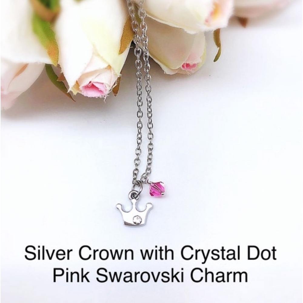 Silver Crown Necklace w/ CZ Dot & Pink Swarovski Dangle, 14”-17”, NWT, Gift Box